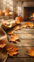 Cozy autumn scene with orange maple leaves scattered on rustic wooden table, burlap fabric and pumpkins near warm fireplace for seasonal home decor.