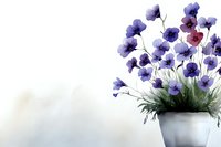Watercolor purple pansies in white pot on light background. Floral arrangement for spring decor, greeting cards, botanical art and home design projects.