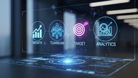 Futuristic holographic business dashboard displaying growth, teamwork, target and analytics icons with glowing effects for corporate presentations and technology concepts.