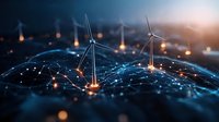 Digital network visualization with wind turbines and glowing connection points on dark blue background illustrating renewable energy technology and smart grid.