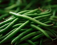 Fresh green string beans with water droplets in macro view, raw organic produce on dark background for food photography and healthy eating content.