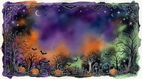 Watercolor Halloween night scene with pumpkins, bats, gravestones, and bare trees under a purple and orange sky with decorative border.