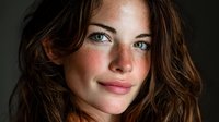 Young Caucasian woman with freckles and wavy brown hair smiling warmly at camera in natural lighting for beauty and lifestyle content.