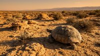 Desert tortoise walking across arid landscape during golden hour sunset with warm orange light illuminating rocky terrain and sparse vegetation in background.
