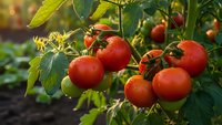 Fresh ripe red tomatoes growing on vine in organic garden with green leaves in warm sunlight for healthy cooking and farm-to-table cuisine.