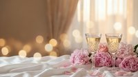 Romantic champagne glasses with pink peonies on white bedding, soft bokeh lights creating intimate atmosphere for wedding, anniversary celebration.
