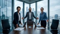 Three diverse business professionals holding hands in modern office boardroom with city skyline view celebrating successful partnership deal.