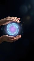 Female hands protecting glowing energy sphere with purple and blue light effects on dark background for technology and innovation concepts.