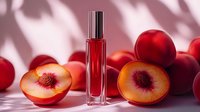 Red glass perfume bottle with fresh peach slices on pink background. Luxury cosmetic product photography for beauty and fragrance marketing campaigns.