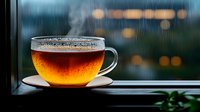Glass cup of hot tea on windowsill against rainy window background with bokeh lights, creating cozy autumn atmosphere. Steam rising from amber liquid.