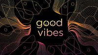 Good vibes text with flowing golden gradient lines and geometric fish shapes on black background for motivational design projects.