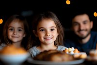 Happy family enjoying dinner together, young girls smiling at dining table with bokeh lights in background, creating warm atmosphere during evening meal.