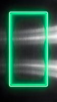 Bright neon green rectangular frame glowing against dark textured background with light streaks, suitable for signage and digital design projects.