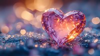 Crystal heart on sparkling surface with golden bokeh lights in background, romantic mood with purple and orange glow, macro photography for Valentine's day designs.