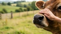 Person's hand gently touching brown cow's face in rural pasture. Farmer or veterinarian showing care and connection with livestock animal in countryside setting.
