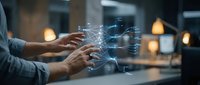 Man's hands interacting with digital network visualization displaying connected nodes and data flow lines in modern office environment with blurred background.