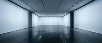 Empty modern art gallery interior with white walls, polished concrete floor and professional track lighting for exhibitions and displays.