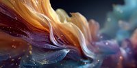 Abstract flowing liquid waves in golden orange and purple hues with sparkling particles creating dynamic motion for modern digital art backgrounds.