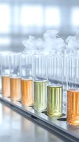 Chemical test tubes with colorful liquid samples and rising smoke in modern laboratory setting, scientific research and analysis concept for medical studies.