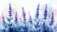 Watercolor lavender field with purple flowers and teal leaves against soft pastel background, creating serene botanical landscape for nature-inspired designs.