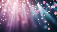 Magical bokeh lights and rays on dark purple and blue background with glowing particles creating dreamy atmospheric effect. Suitable for festive designs.