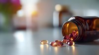 Amber glass medicine bottle with red capsules spilling onto white surface in bright medical laboratory setting for healthcare and pharmaceutical use.