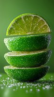 Fresh lime slices stacked with water drops on green background, macro shot showing detailed citrus texture and juicy flesh for food and beverage advertising.
