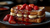 French toast layered with fresh banana slices and ripe strawberries, drizzled with maple syrup and dusted with powdered sugar on dark plate, close up view.
