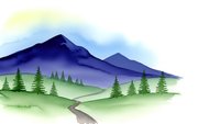 Watercolor mountain landscape with evergreen forest and winding path. Serene nature scene with blue peaks, green hills and trees for wall art and decor.