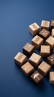 Wooden blocks with medical and legal icons including DNA, scales of justice, clipboard, and umbrella on a blue background.