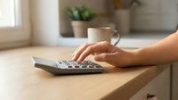 Woman hand using calculator on wooden desk in modern home office with coffee cup and plant for financial planning and budgeting tasks.