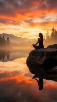 Woman meditating on rock overlooking misty lake at sunrise with golden sky and mountain forest backdrop, wellness and mindfulness concept.