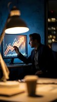 Businessman analyzing financial growth charts on computer screen in modern office at night showing upward trending data and market success.