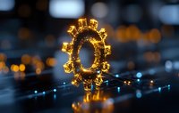 Glowing golden gear mechanism on dark background with blue light trails and bokeh effects, symbolizing innovation and technological advancement in business.