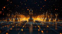 Glowing chess pieces on digital grid with orange light effects and particles, dramatic perspective view showcasing strategy and leadership concept.