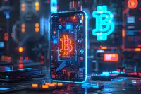 Glowing neon bitcoin symbol on smartphone screen with futuristic circuit pattern background, perfect for cryptocurrency and digital finance technology concepts.