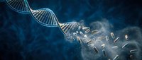DNA double helix structure breaking apart with genetic fragments dispersing in blue scientific background for biotechnology research.