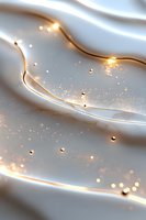 Elegant white silk fabric with golden light streams and glowing particles creates luxurious flowing waves and magical sparkles on pearl background.