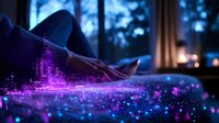 Magical glowing purple hologram city emerging from bed while person relaxes at night, digital art visualization with neon lights and particle effects.