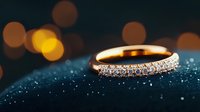 Golden diamond wedding band ring on dark textured surface with bokeh lights and sparkles in background, luxury jewelry photography for engagement announcements.