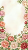 Watercolor peony floral border frame with pink, coral and burgundy blooms on soft cream background, perfect for wedding invitations and cards.