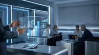 Business professional analyzing holographic data visualization charts and graphs in modern conference room with colleagues in background.