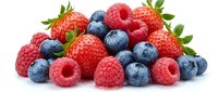 Fresh mixed berries pile with strawberries, blueberries and raspberries isolated on white background for healthy eating and cooking recipes.