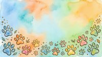 Watercolor paw prints in rainbow colors on soft gradient background, isolated design element for pet-related projects, greeting cards, and animal-themed merchandise.