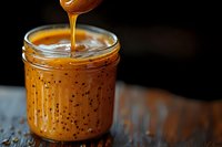 Homemade peanut butter dripping from spoon into glass jar on rustic wooden table, creamy texture with natural oil separation for cooking recipes.