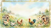 Watercolor farm scene with chickens, rooster, and hens in countryside garden with wooden coops and pastoral landscape background. Ideal for farmhouse decor, agricultural designs, and rustic projects.