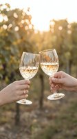 Two hands toasting with crystal wine glasses filled with white wine in vineyard at golden hour sunset creating warm romantic atmosphere for celebration.