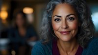 Confident mature Hispanic woman with natural gray curly hair and warm smile wearing teal sweater in soft evening lighting, professional business portrait.