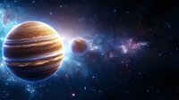 Majestic gas giant planet with rings and moon against cosmic nebula background in deep space, illuminated by distant stars and colorful galaxy clouds.