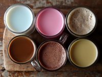 Assortment of colorful beverages in glass mugs on wooden surface, including milk, strawberry, chocolate, coffee, and herbal drinks.